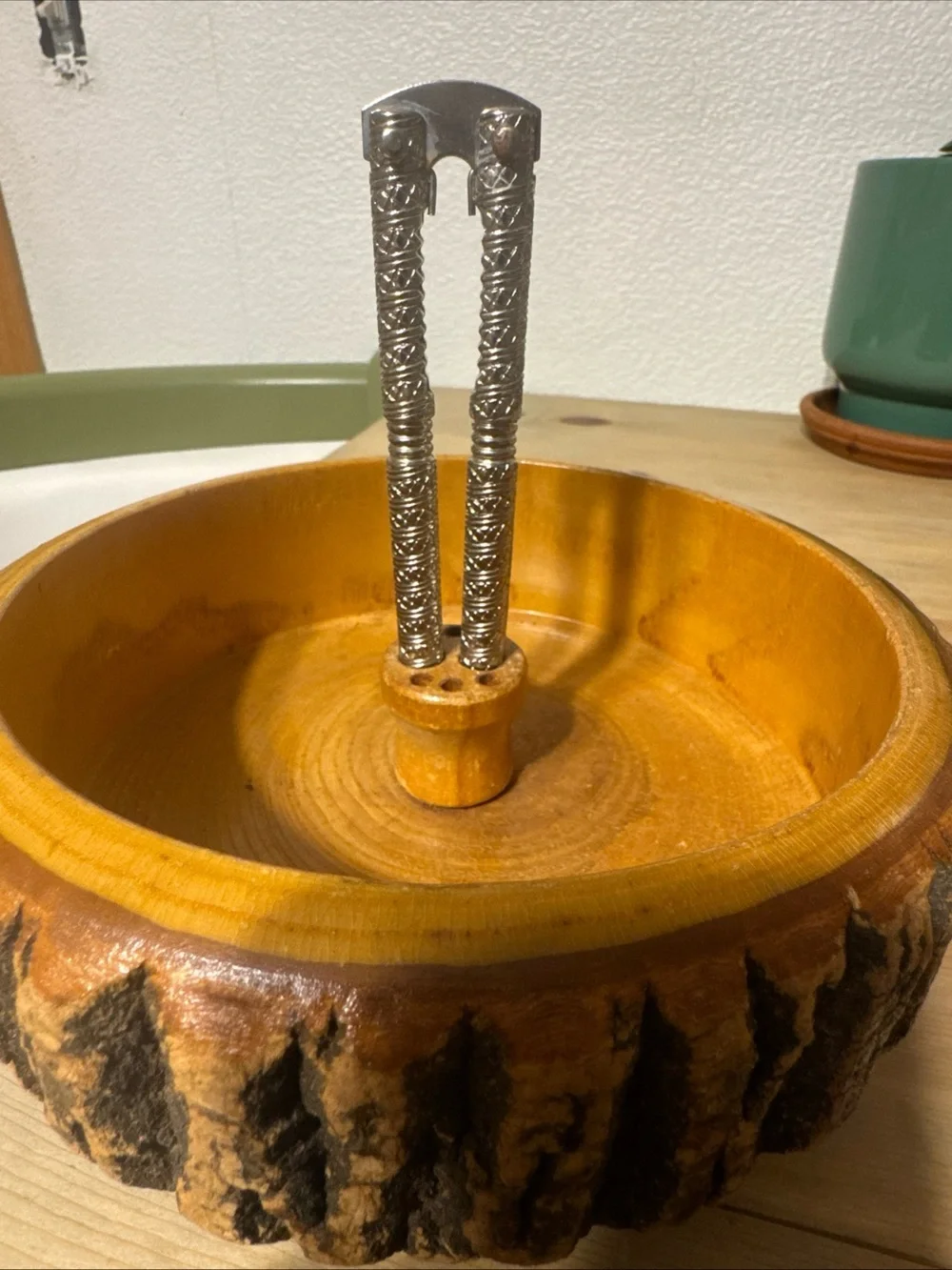 vintage mid-century modern rustic tree bark wood nut bowl Set
